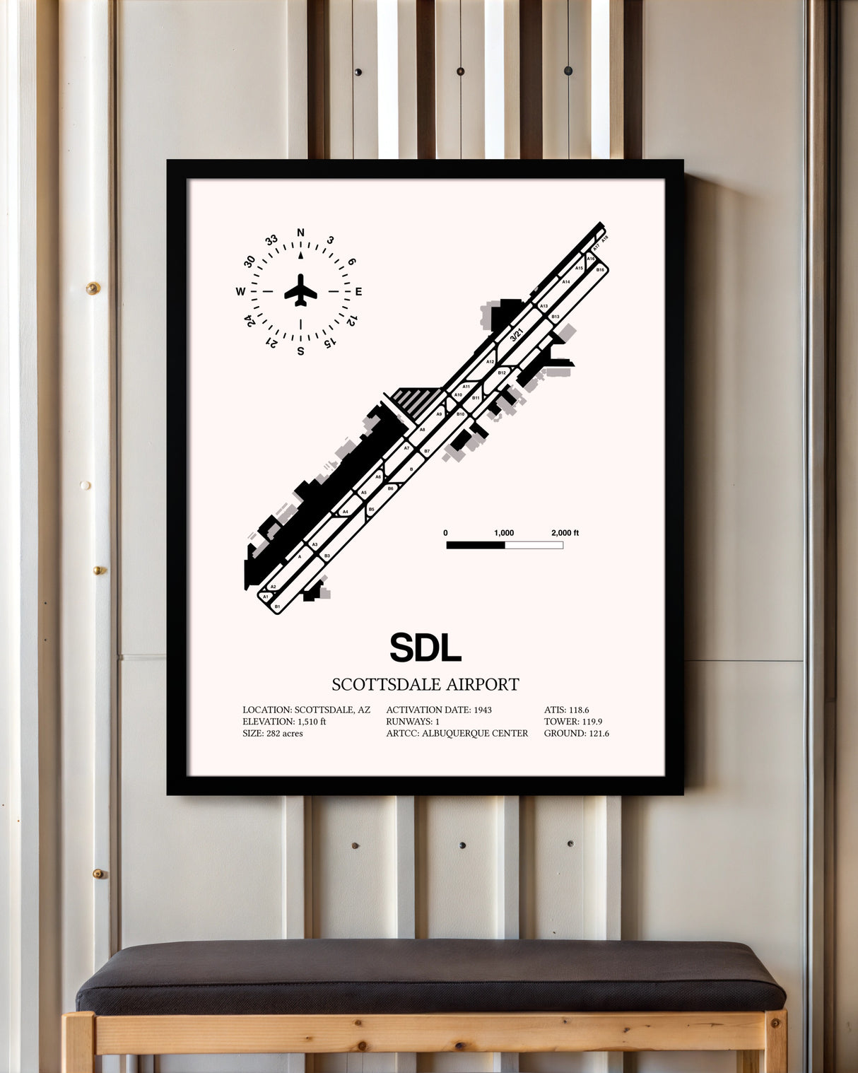Scottsdale Airport framed poster displayed in an airplane hangar