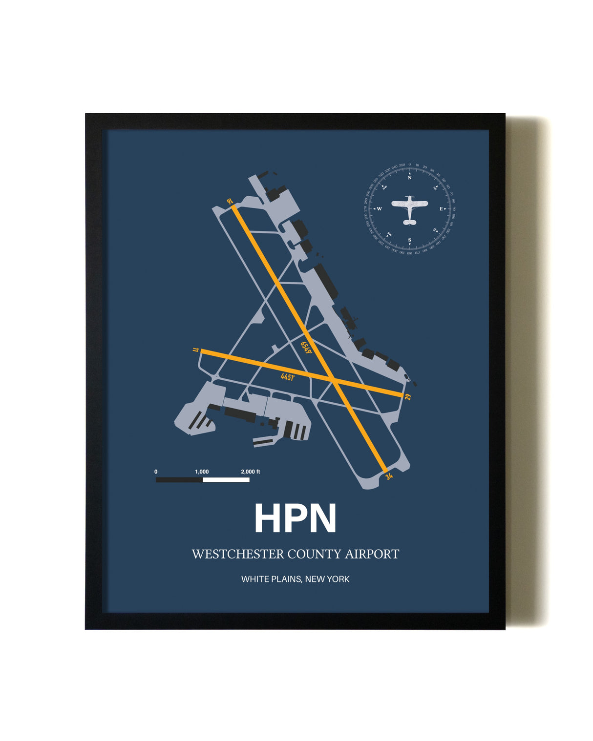 Blue and Yellow Framed Westchester County Airport wall art poster in black frame