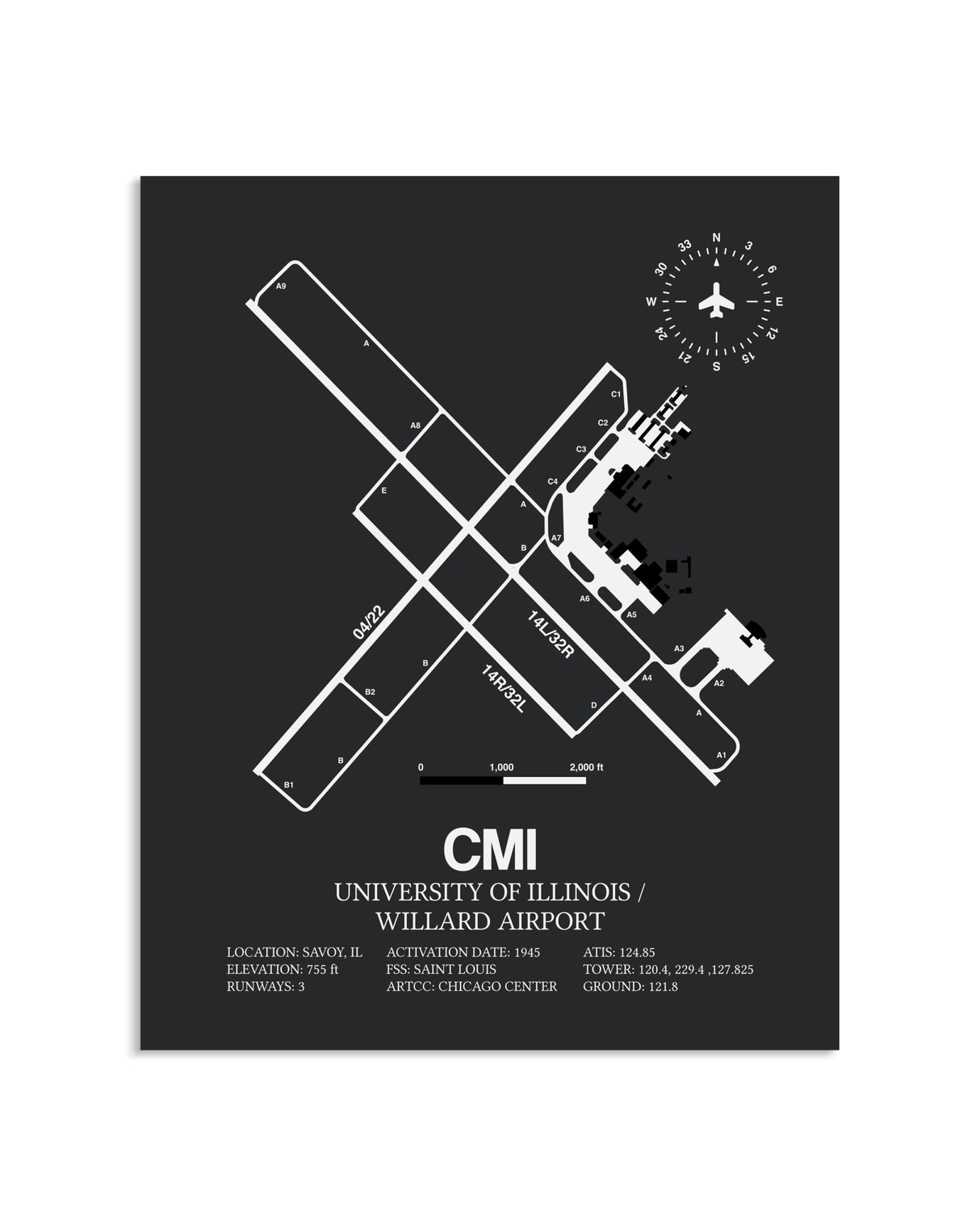 Gray Framed University of Illinois / Willard Airport layout wall art poster
