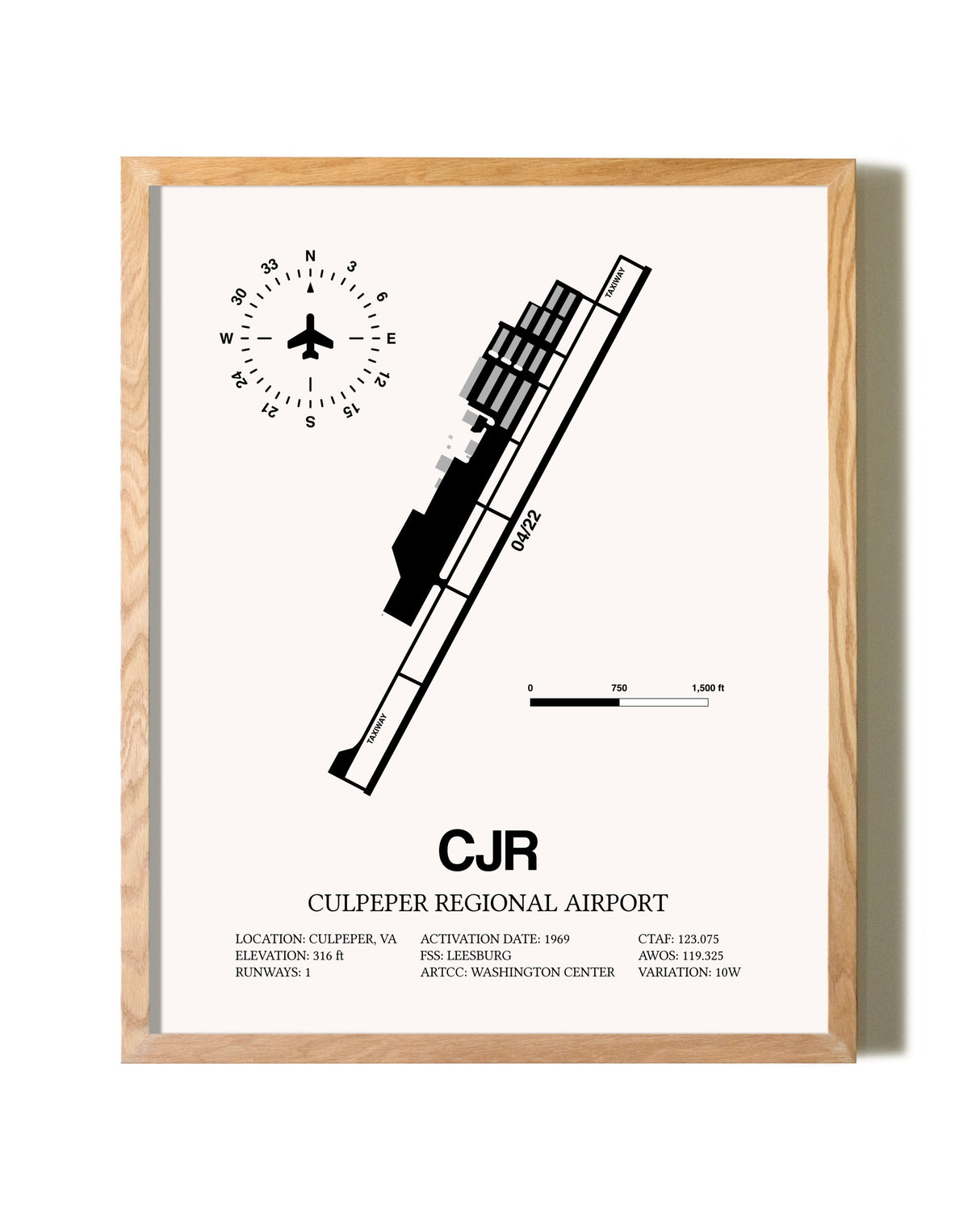 Culpeper Regional Airport framed print in natural wood frame