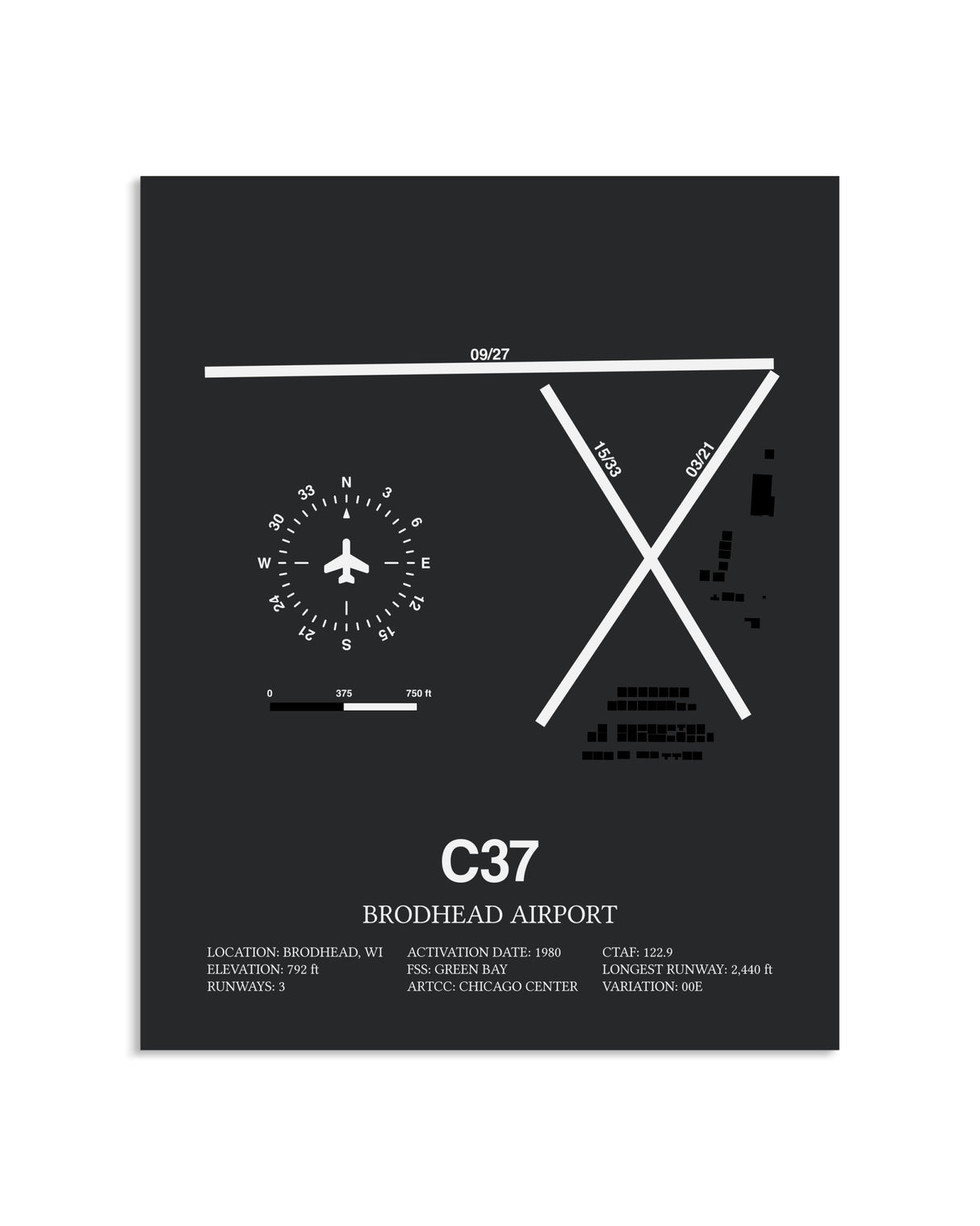 Gray Framed Brodhead Airport layout wall art poster