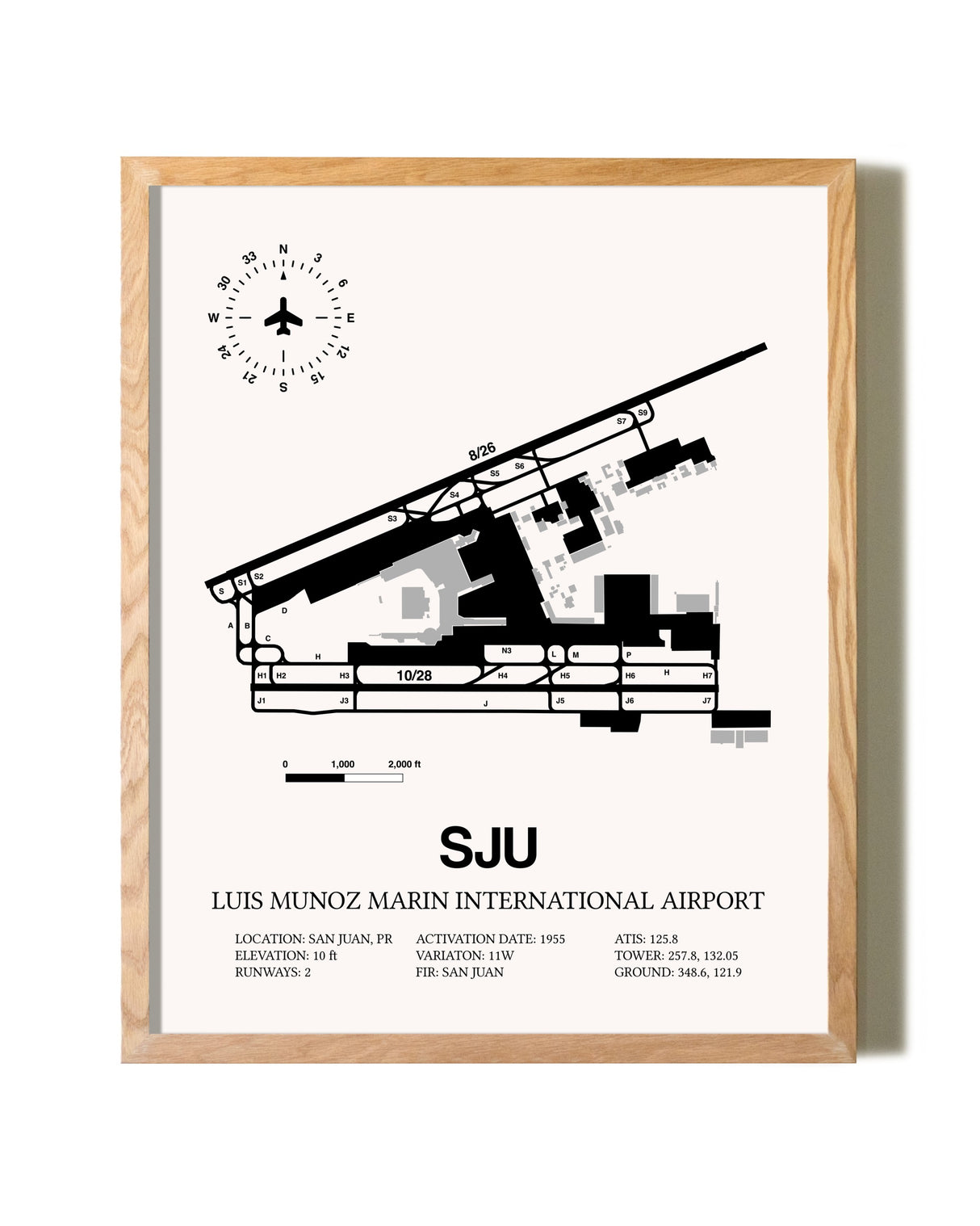 Luis Munoz Marin International Airport framed print in natural wood frame