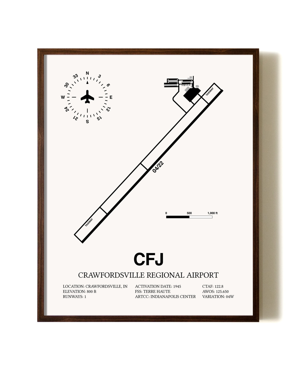 Crawfordsville Regional Airport aviation print in walnut frame