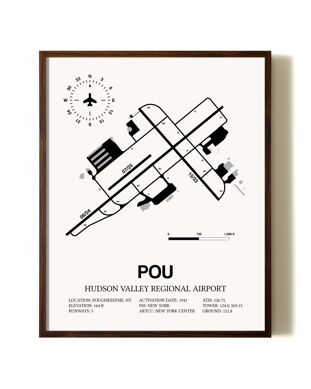 Hudson Valley Regional Airport aviation print in walnut frame