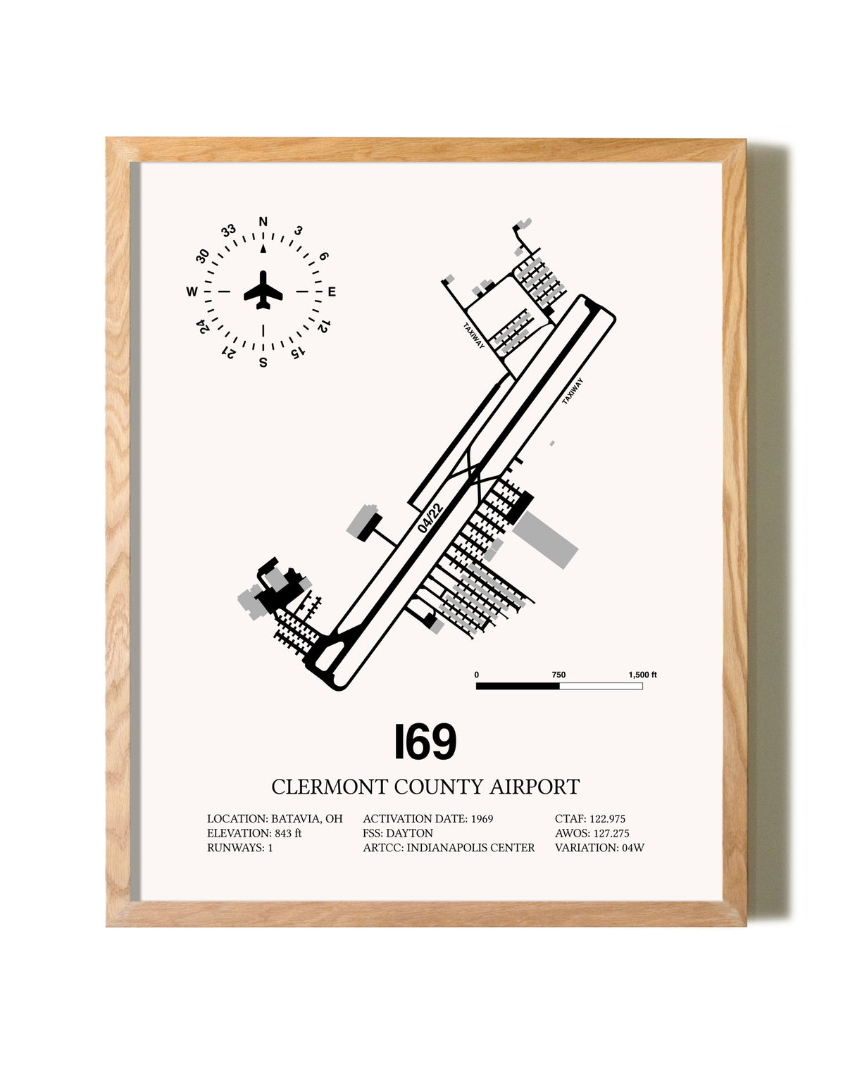Clermont County Airport framed print in natural wood frame