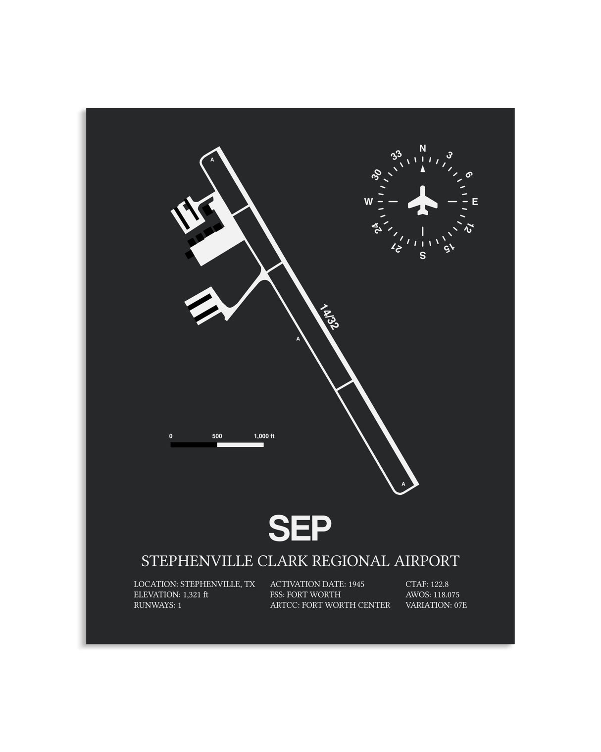 Gray Framed Stephenville Clark Regional Airport layout wall art poster