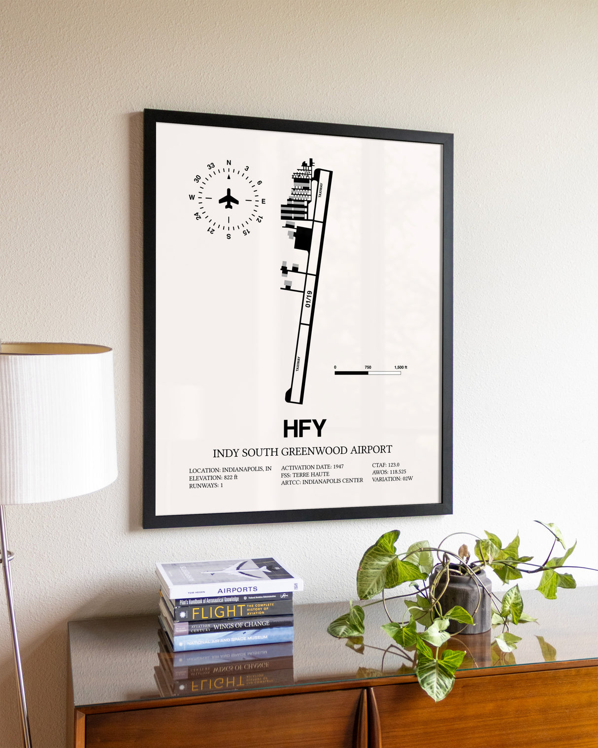 Indy South Greenwood Airport aviation wall décor in black wood frame