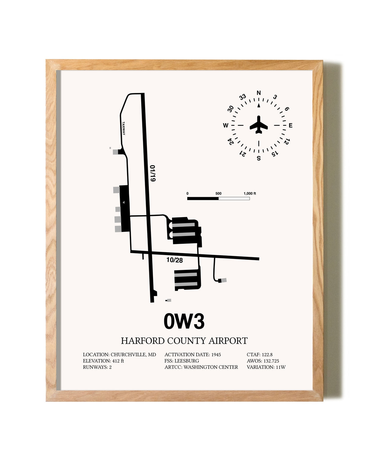 Harford County Airport framed print in natural wood frame