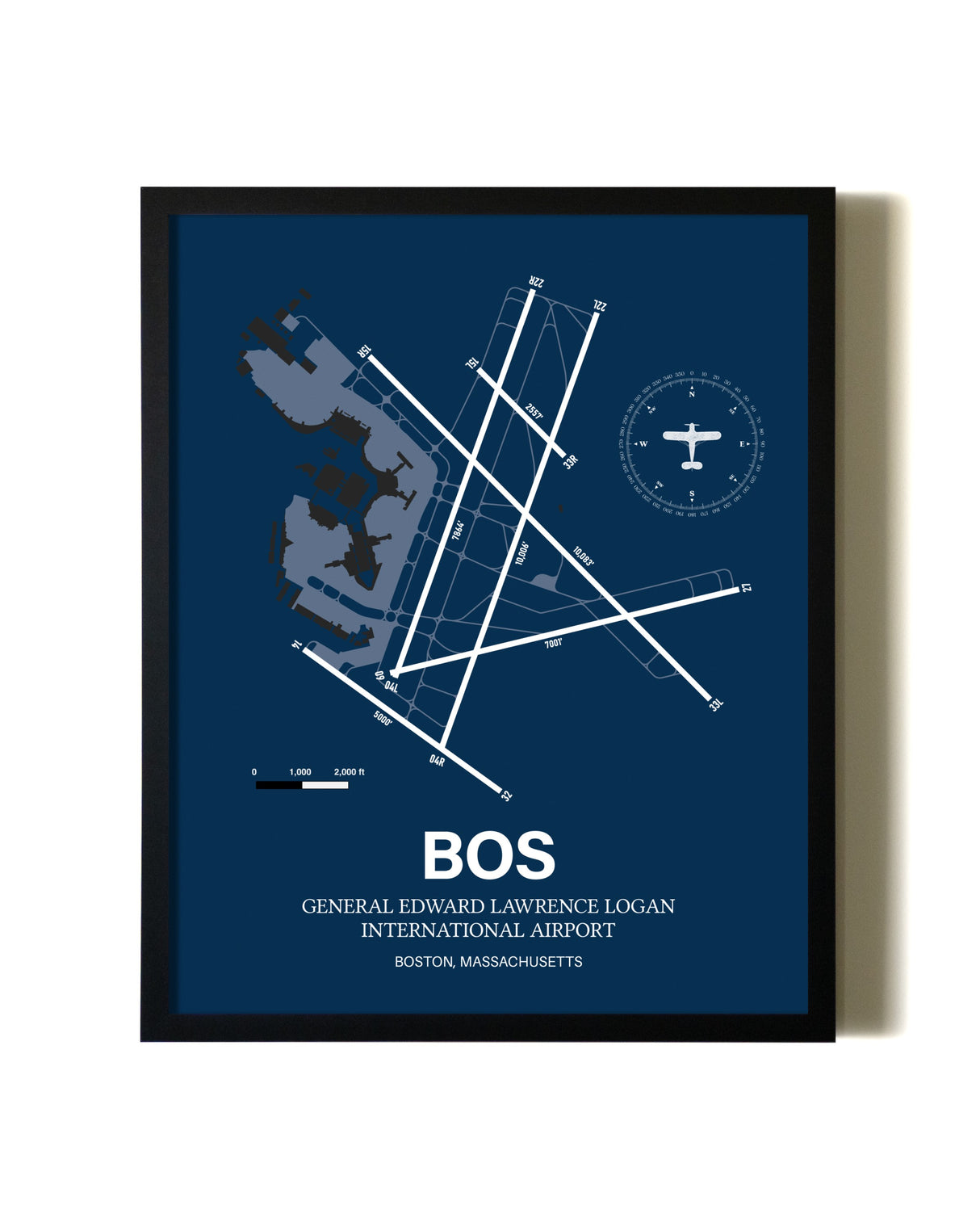 Aviation Blue Framed Boston Logan International Airport layout wall art poster