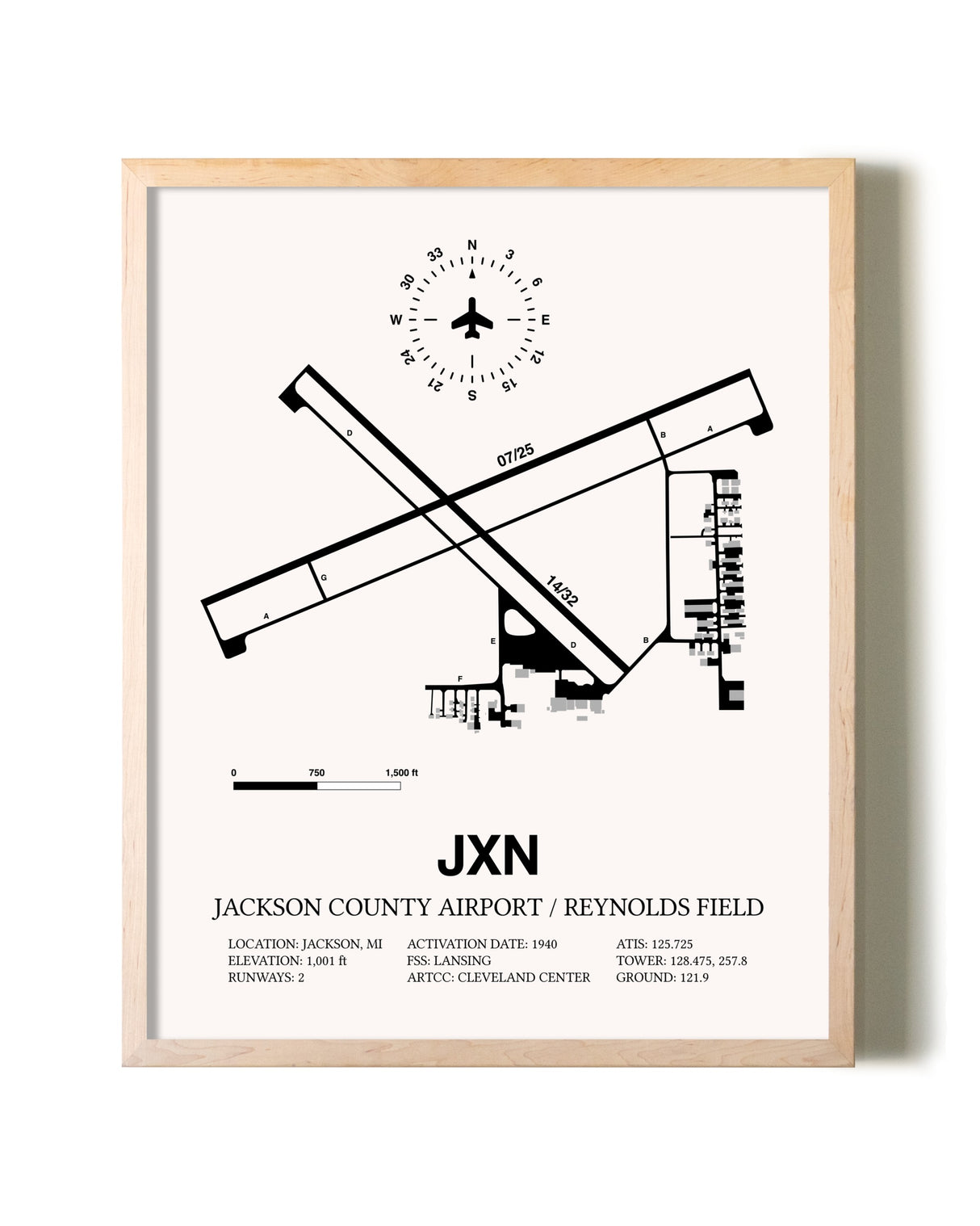 Jackson County Airport / Reynolds Field framed wall art in white frame