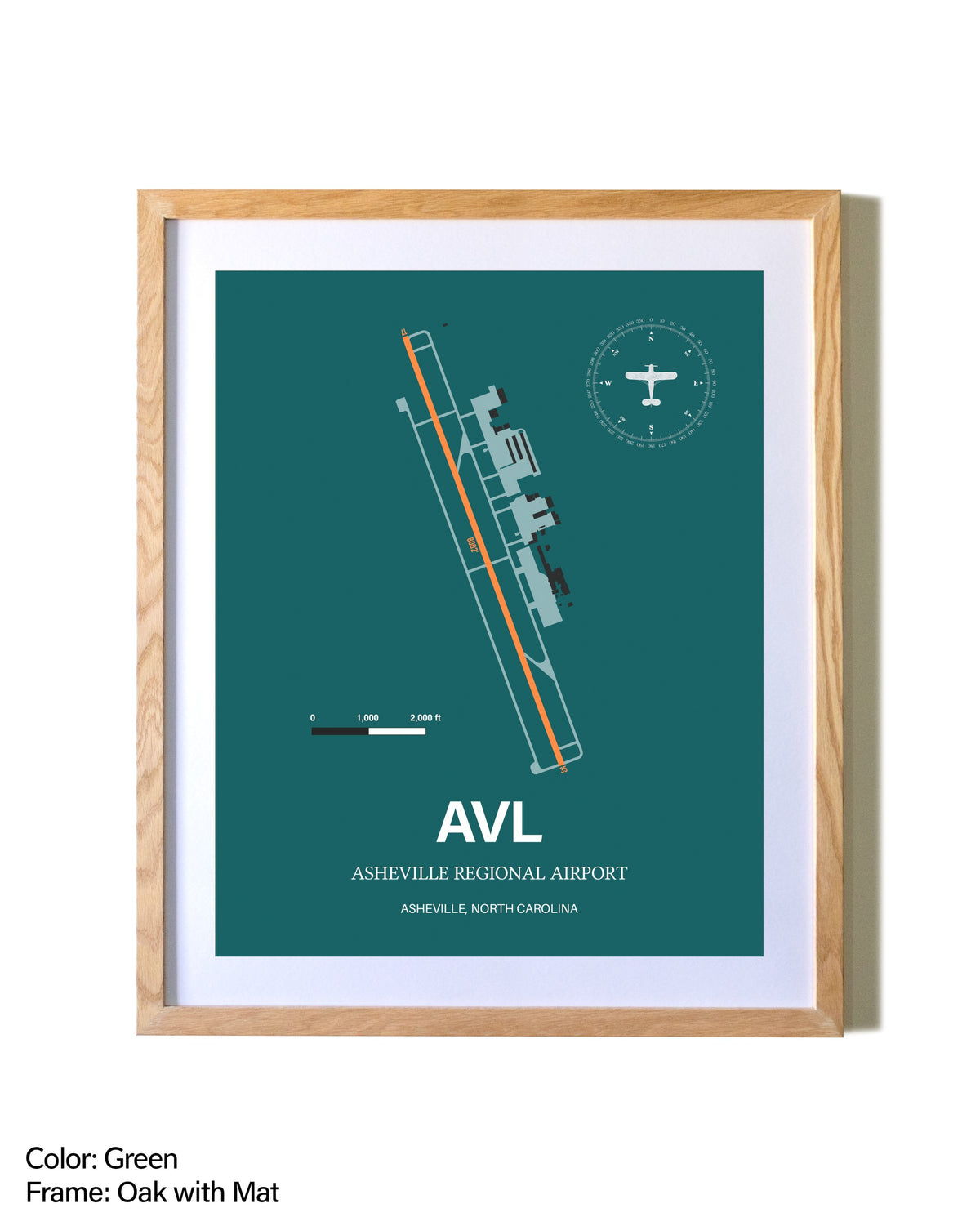 Asheville Regional Airport airport map poster in oak frame with mat