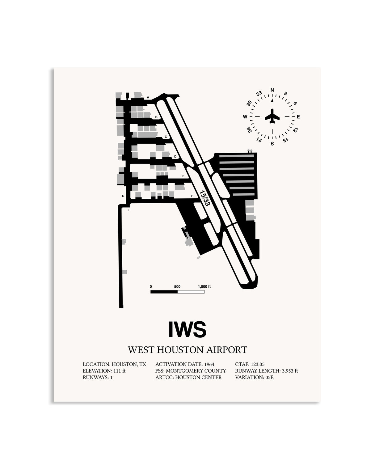 Gray West Houston Airport framed poster displayed in an airplane hangar