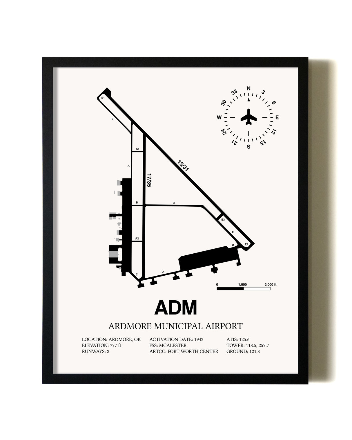 Framed Ardmore Municipal Airport wall art poster in black frame