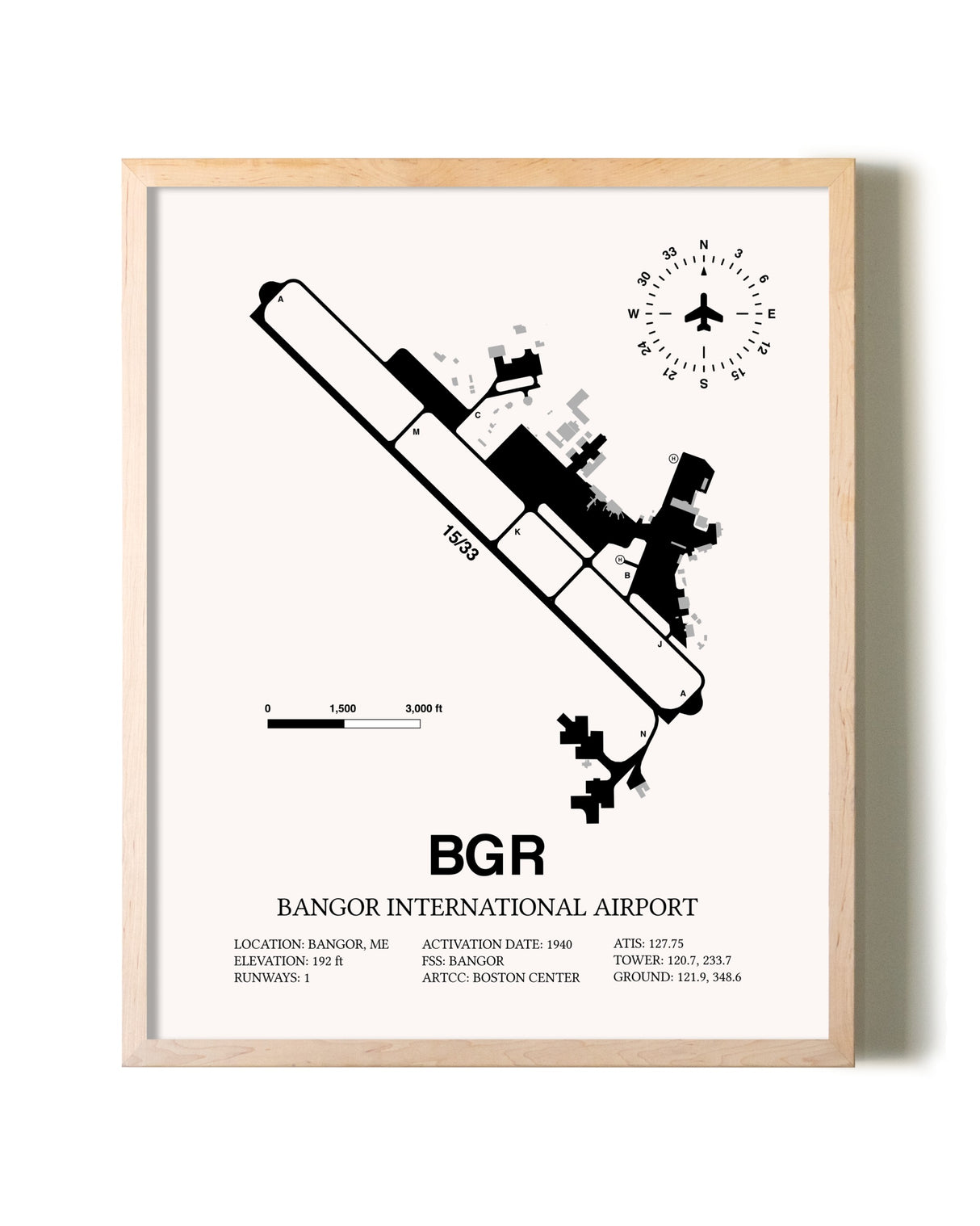 Bangor International Airport framed wall art in white frame