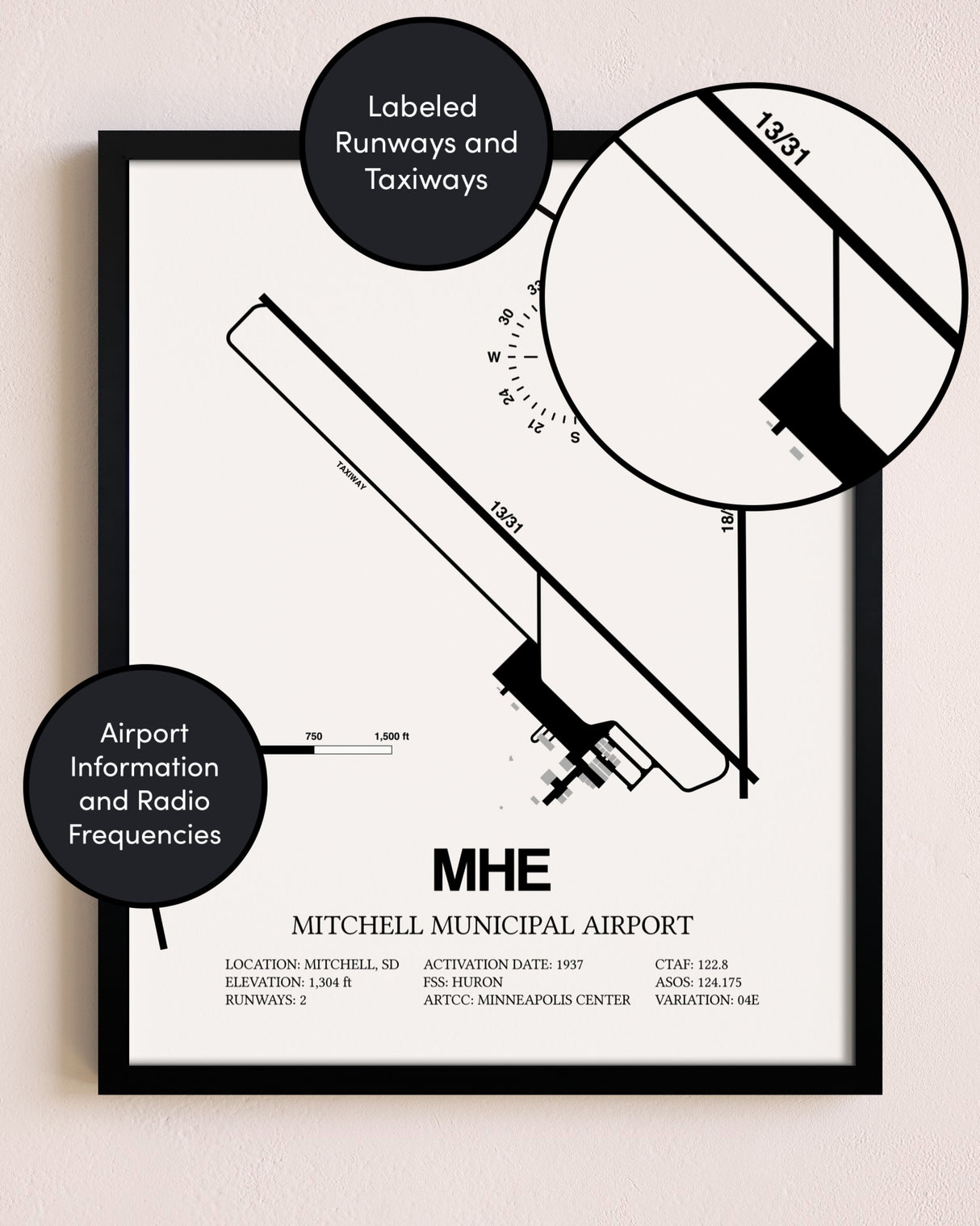 Framed Mitchell Municipal Airport layout wall art poster