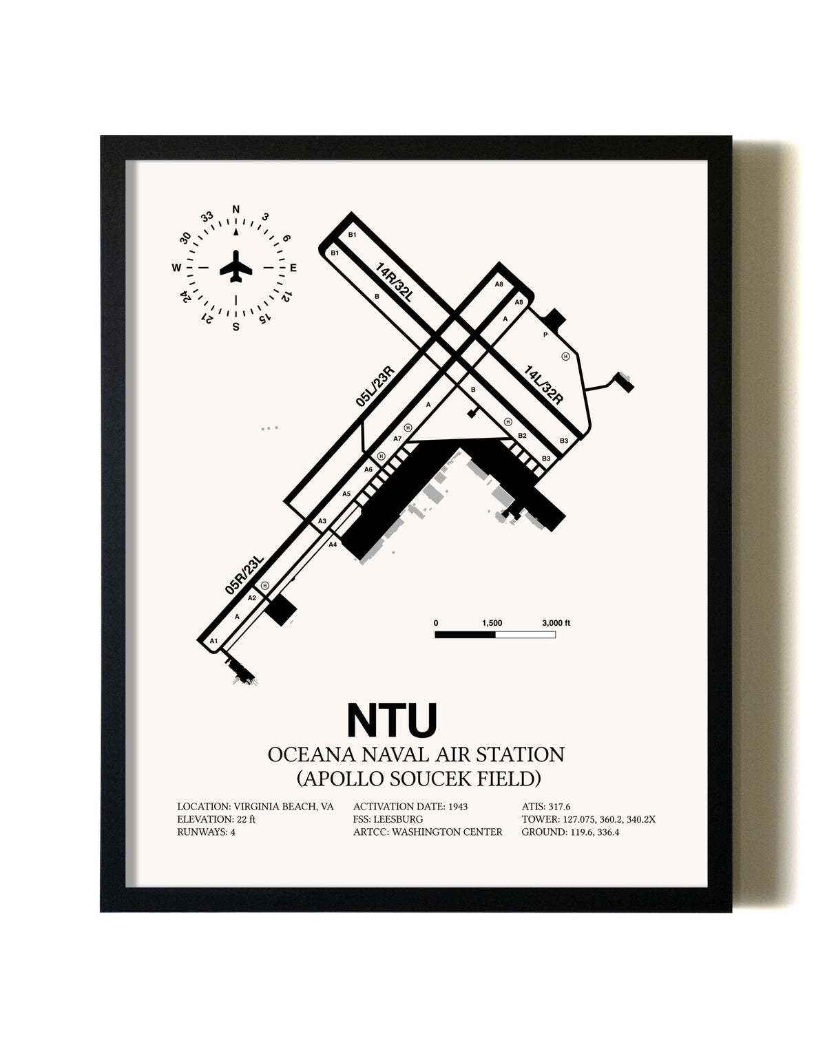Framed Oceana Naval Air Station (Apollo Soucek Field) wall art poster in black frame