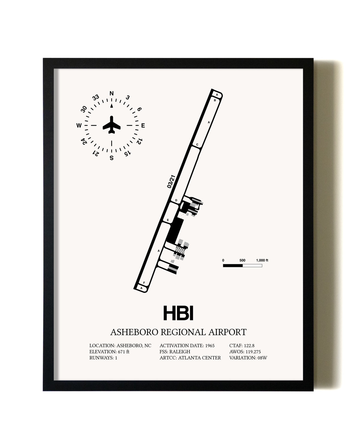Framed Asheboro Regional Airport wall art poster in black frame