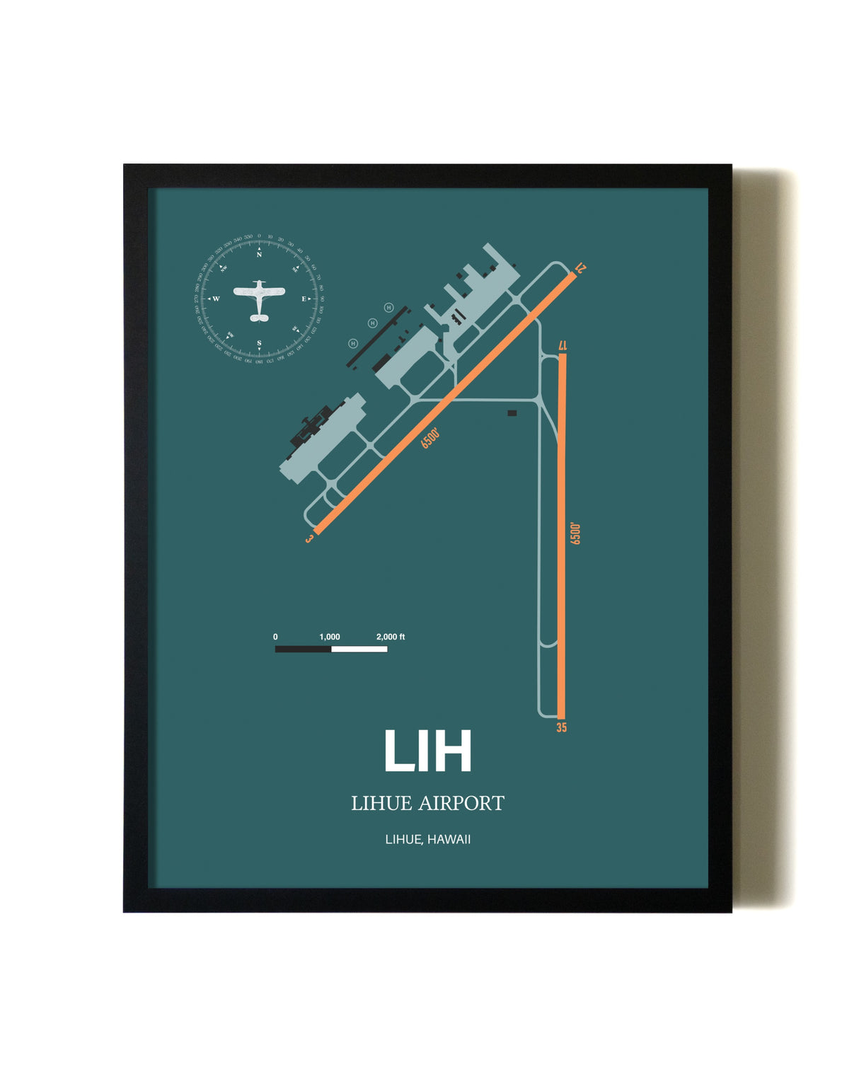 Green Lihue Airport aviation wall décor in black wood frame