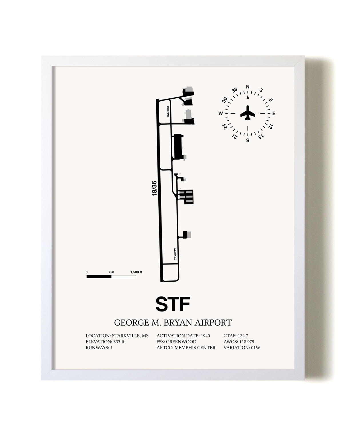 George M. Bryan Airport airport map poster in oak frame