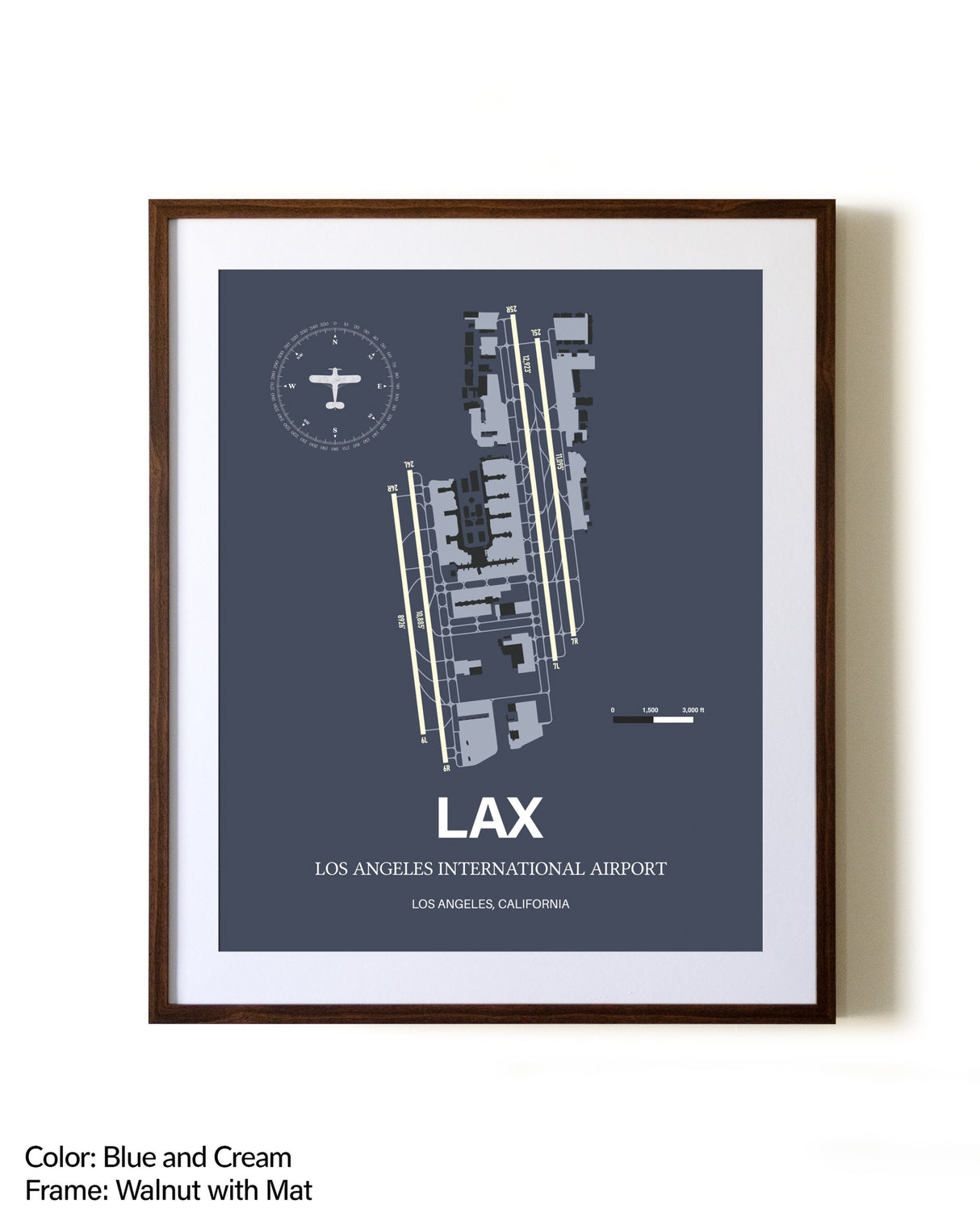 Los Angeles International Airport aviation print in walnut frame with mat