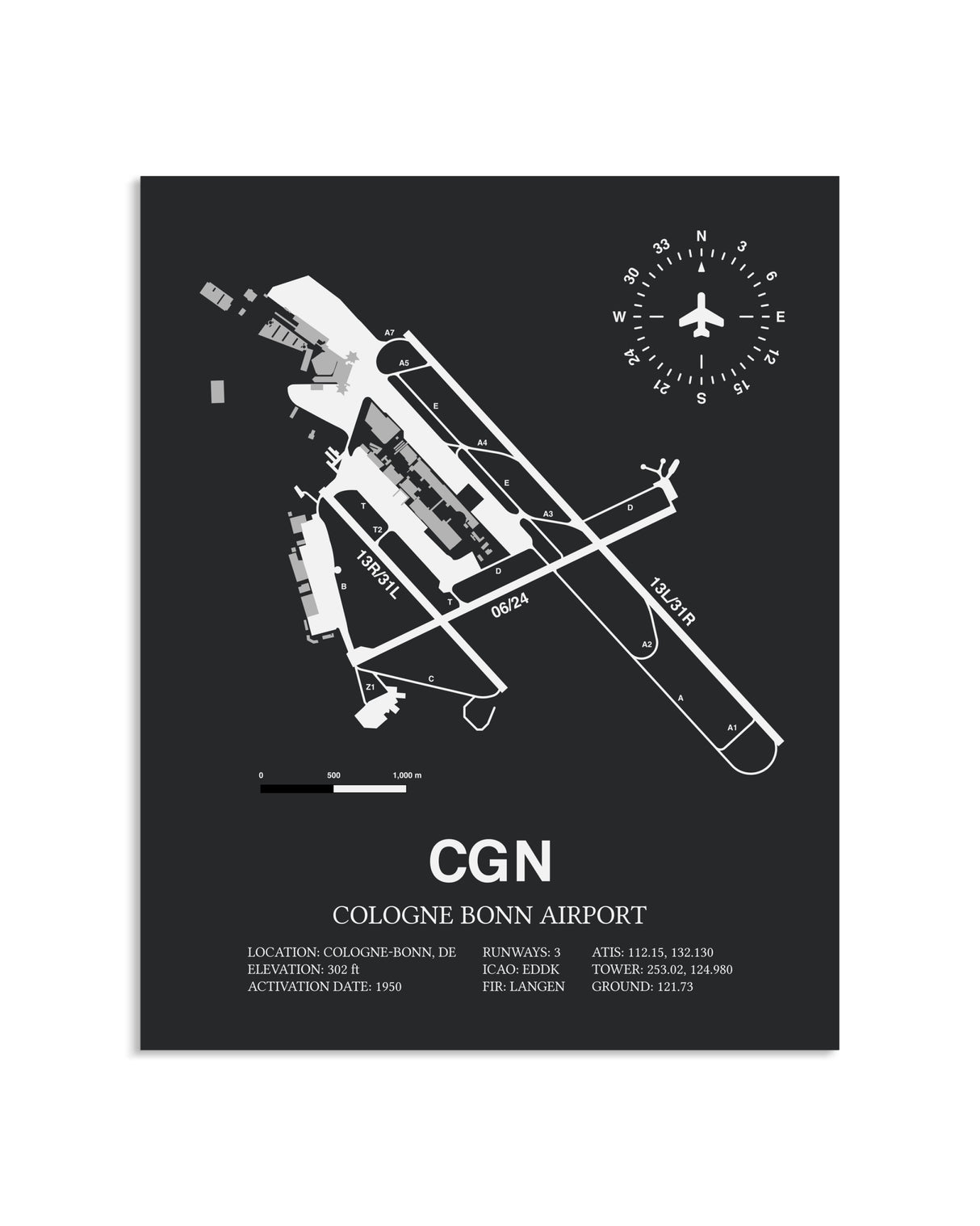 Gray Framed Cologne Bonn Airport layout wall art poster