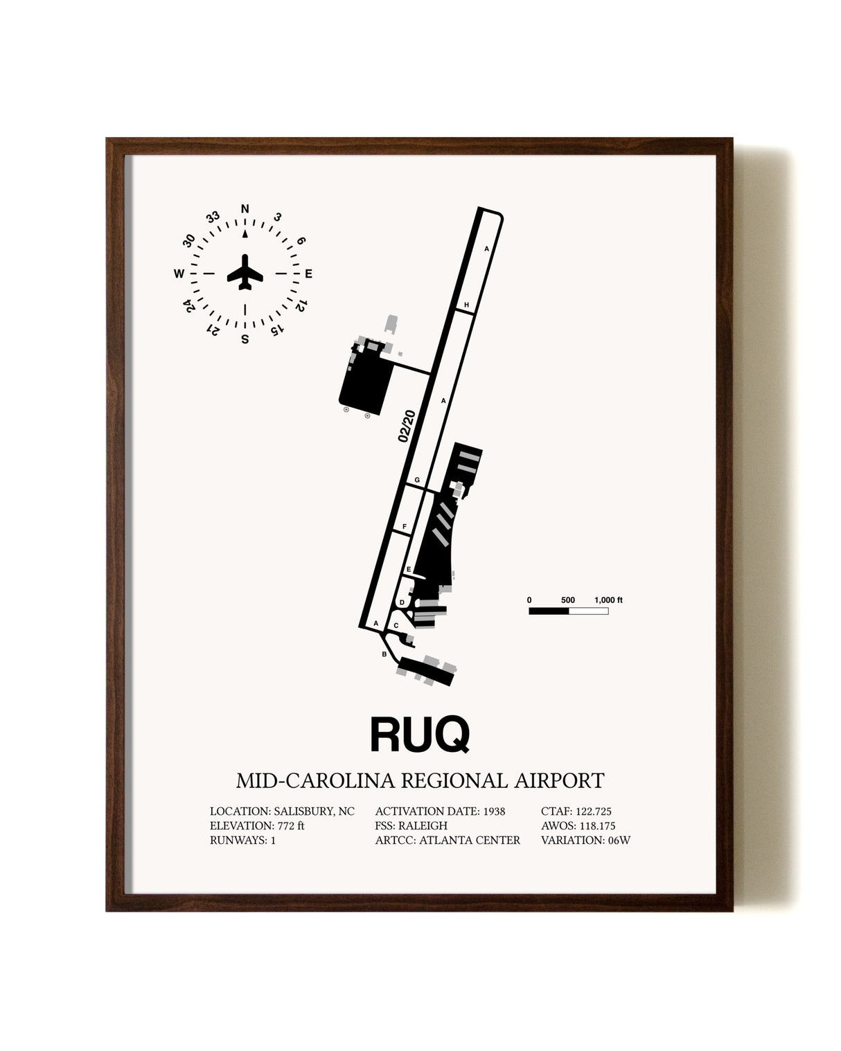 Mid-Carolina Regional Airport aviation print in walnut frame