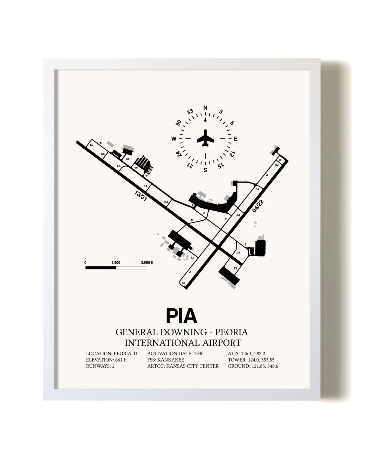 General Downing-Peoria International Airport airport map poster in oak frame