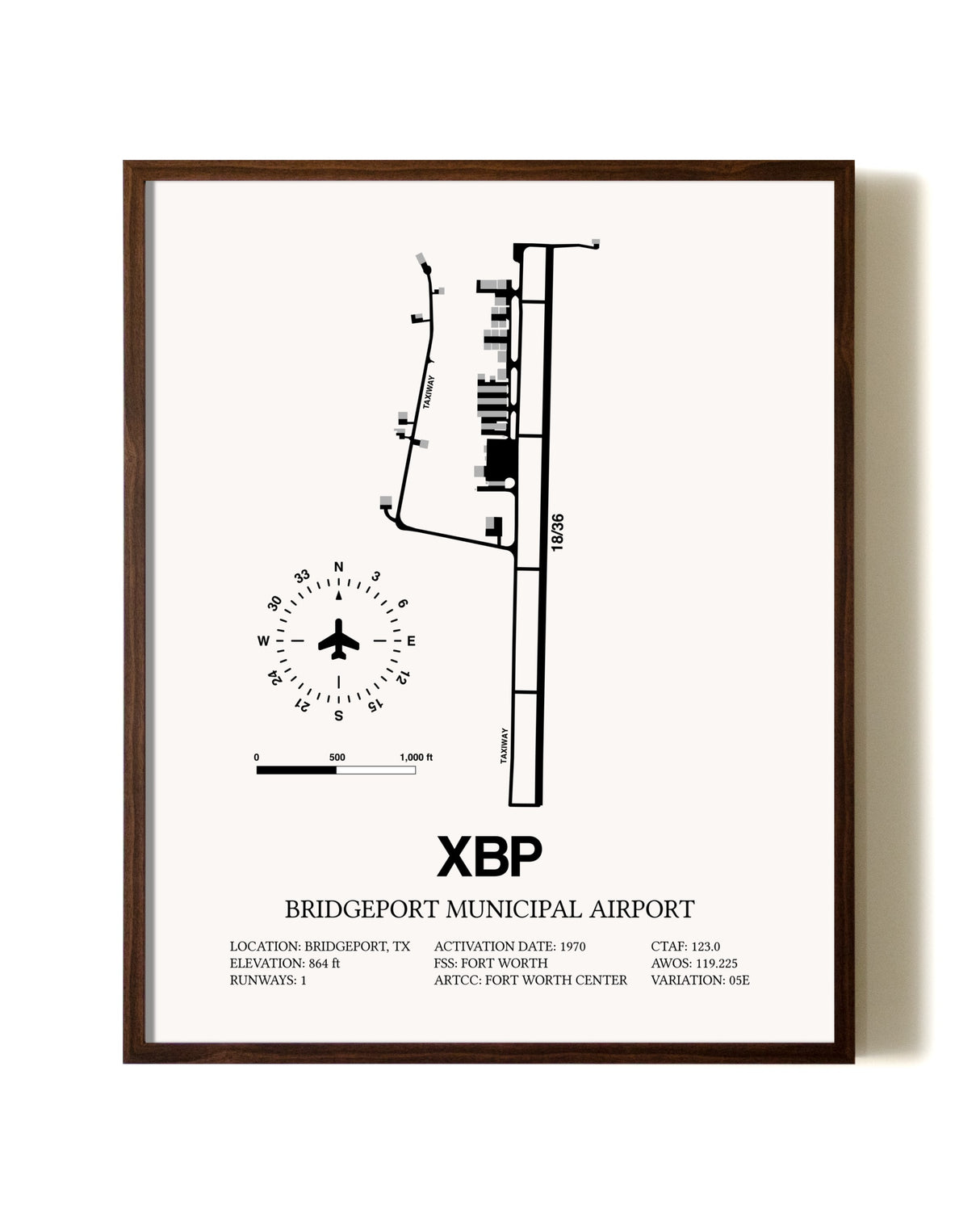 Bridgeport Municipal Airport aviation print in walnut frame