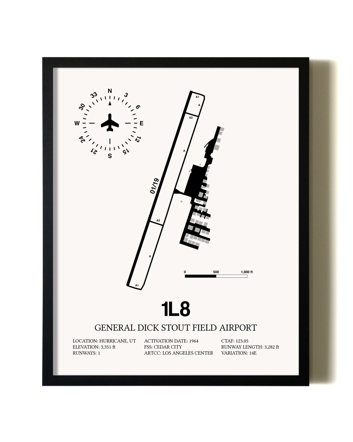 Framed General Dick Stout Field Airport wall art poster in black frame