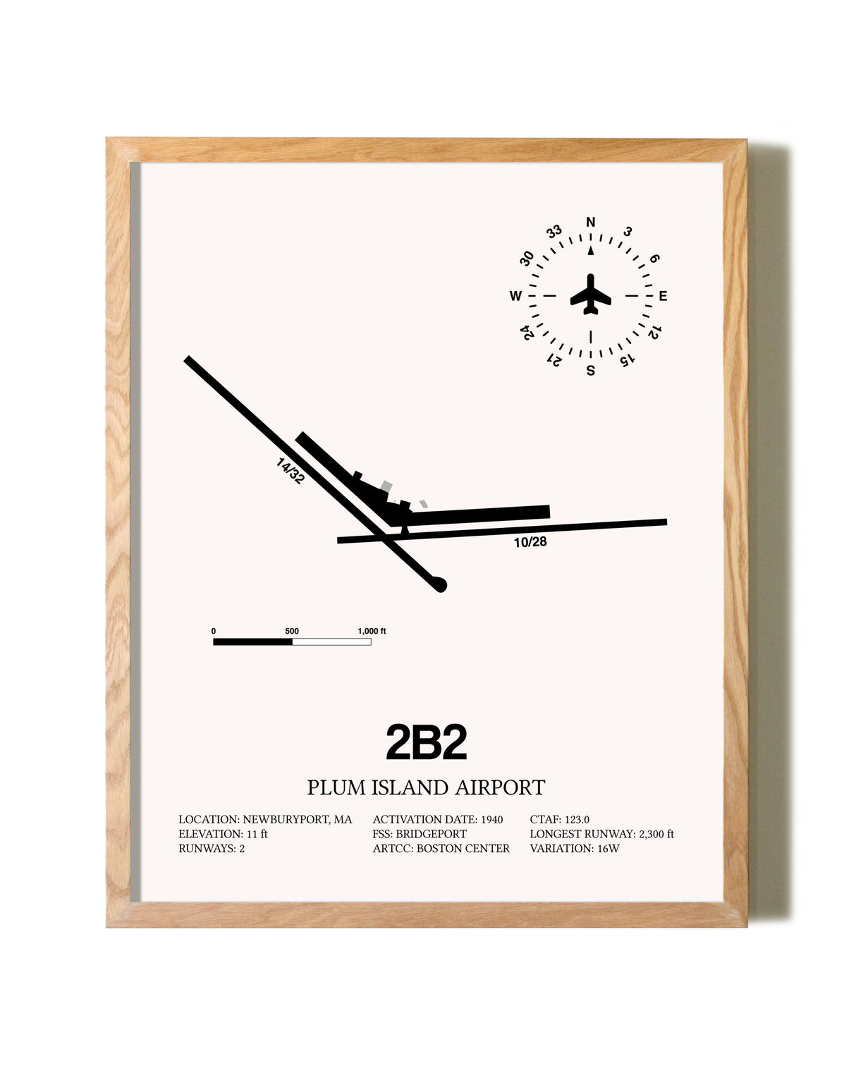 Plum Island Airport framed print in natural wood frame