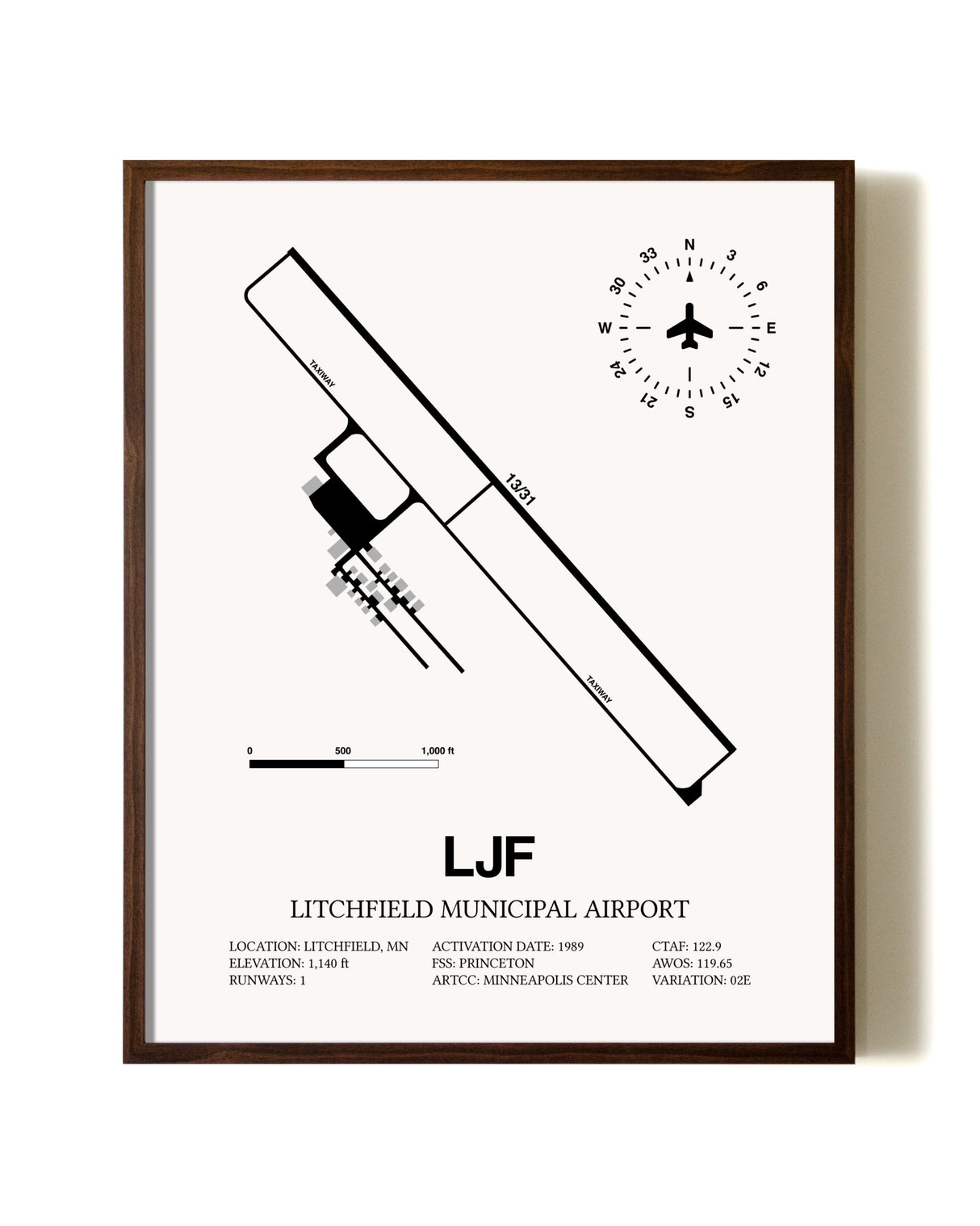 Litchfield Municipal Airport aviation print in walnut frame