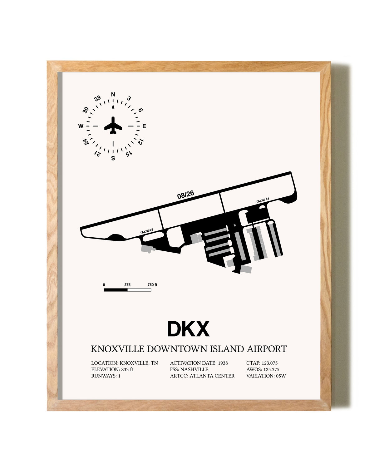 Knoxville Downtown Island Airport framed print in natural wood frame