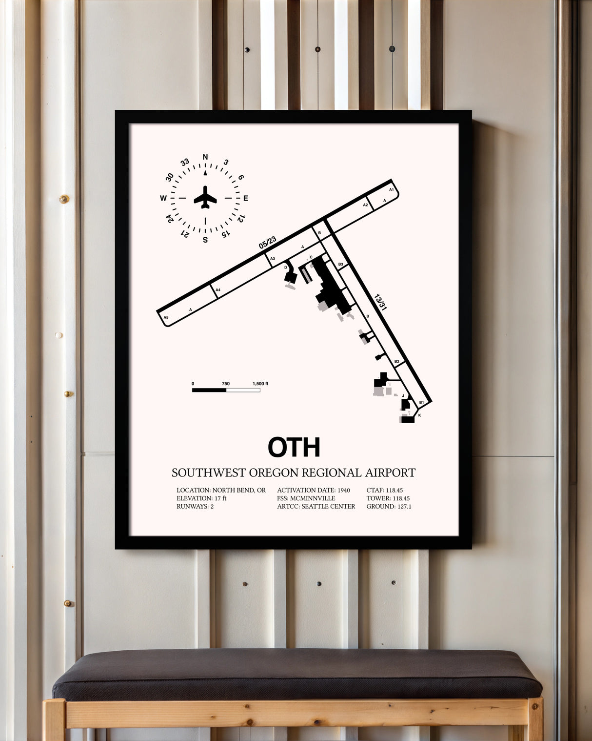 Southwest Oregon Regional Airport framed poster displayed in an airplane hangar