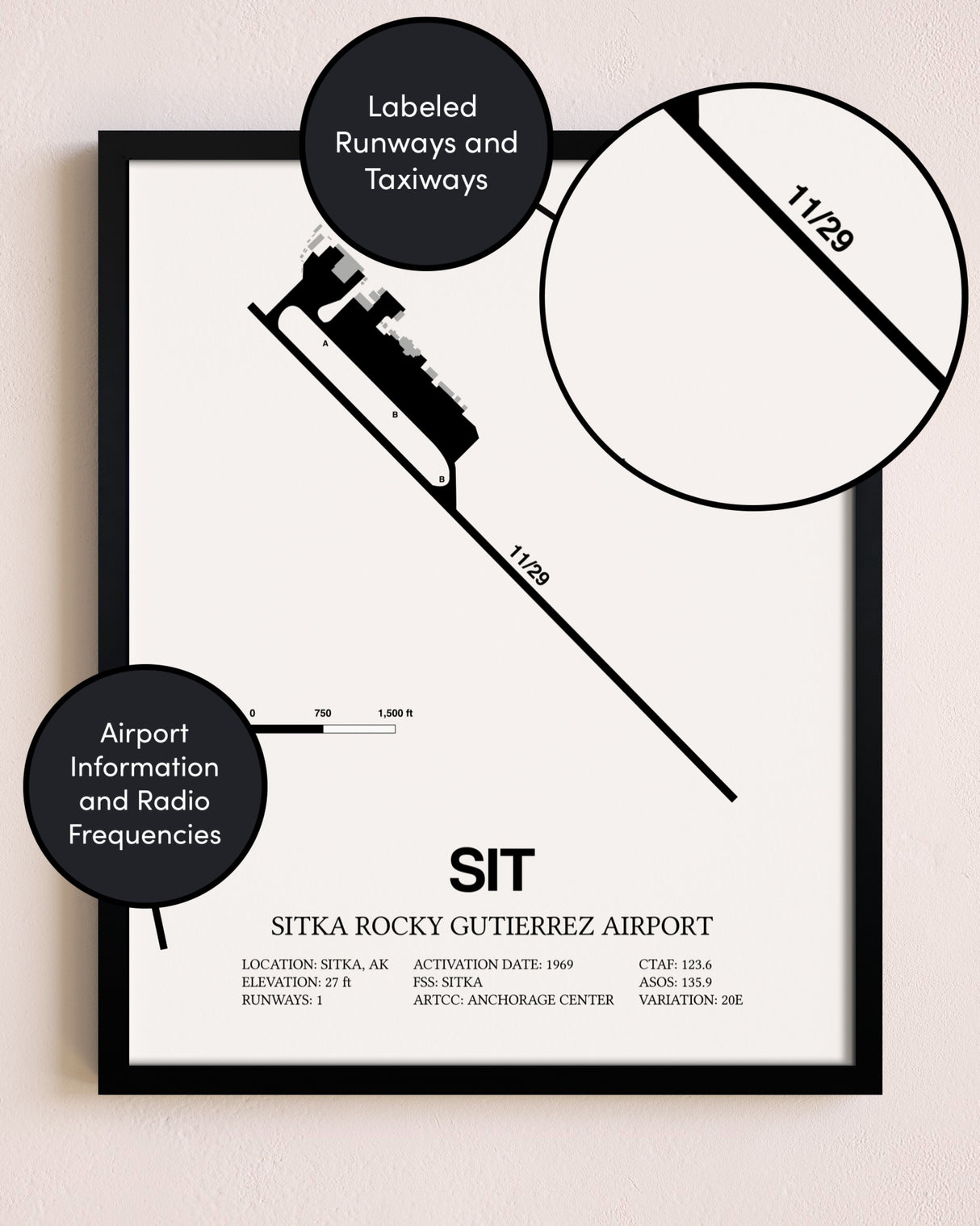 Framed Sitka Rocky Gutierrez Airport layout wall art poster