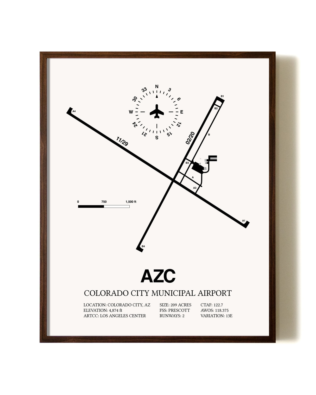 Colorado City Municipal Airport aviation print in walnut frame