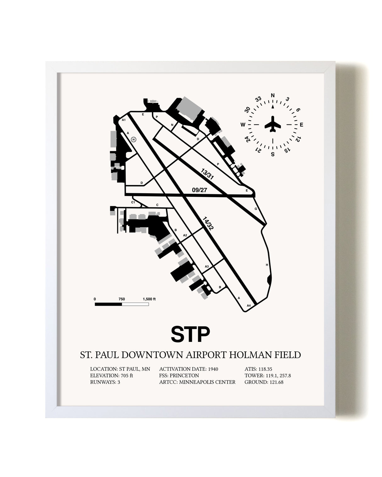 St. Paul Downtown Airport Holman Field airport map poster in oak frame