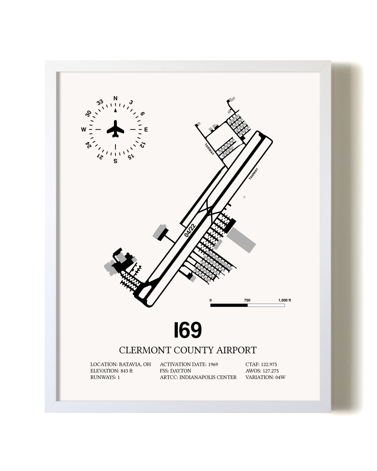 Clermont County Airport airport map poster in oak frame