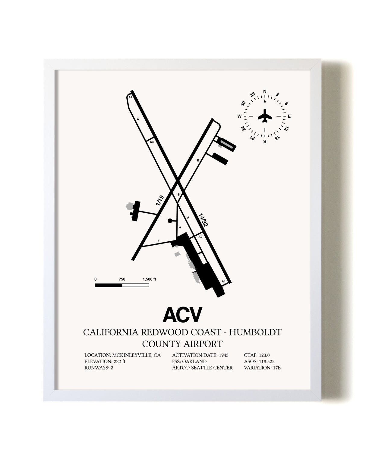 California Redwood Coast - Humboldt County Airport airport map poster in oak frame