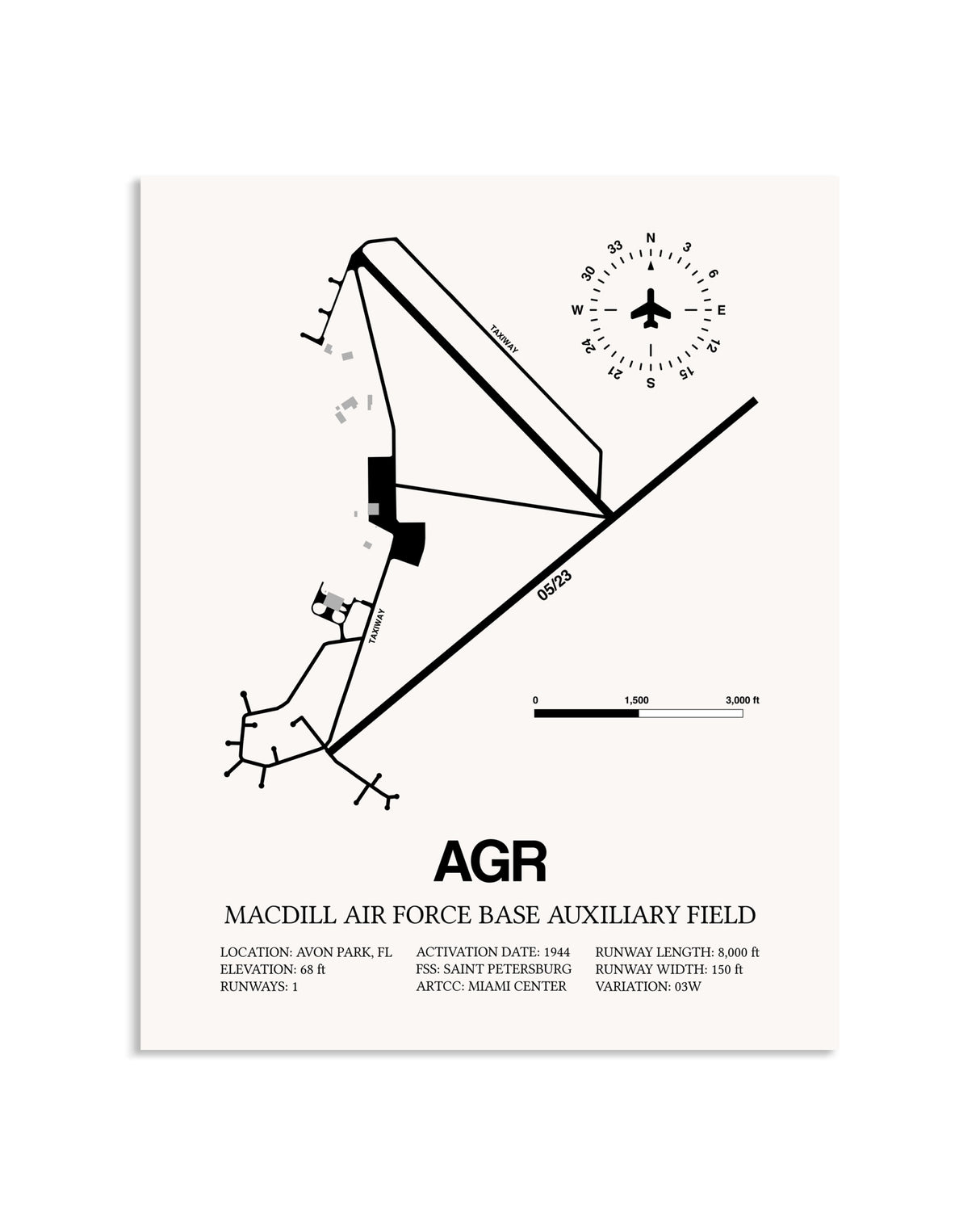 Gray MacDill Air Force Base Auxiliary Field framed poster displayed in an airplane hangar