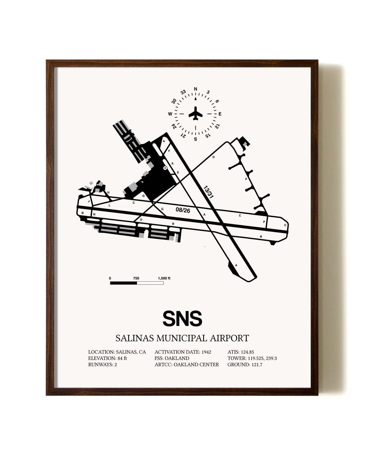 Salinas Municipal Airport aviation print in walnut frame