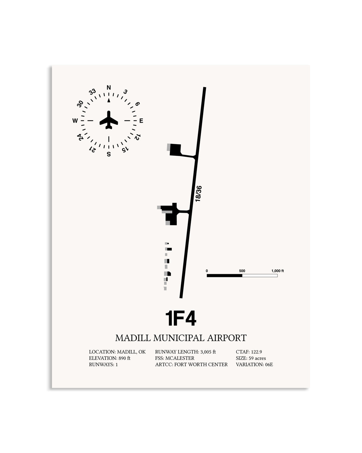 Gray Madill Municipal Airport framed poster displayed in an airplane hangar