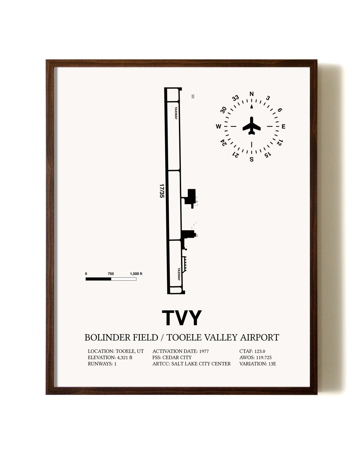Bolinder Field / Tooele Valley Airport aviation print in walnut frame