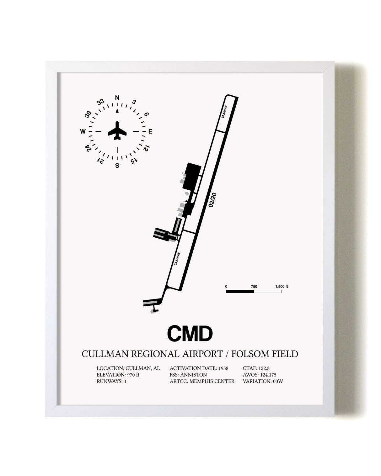 Cullman Regional Airport / Folsom Field airport map poster in oak frame