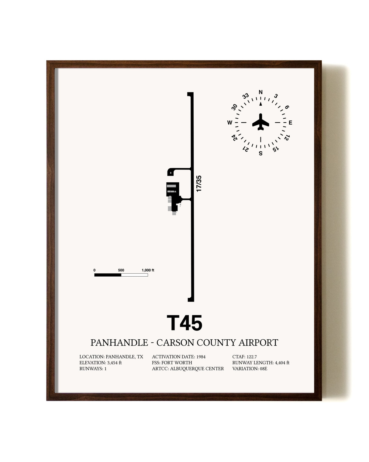 Panhandle-Carson County Airport aviation print in walnut frame