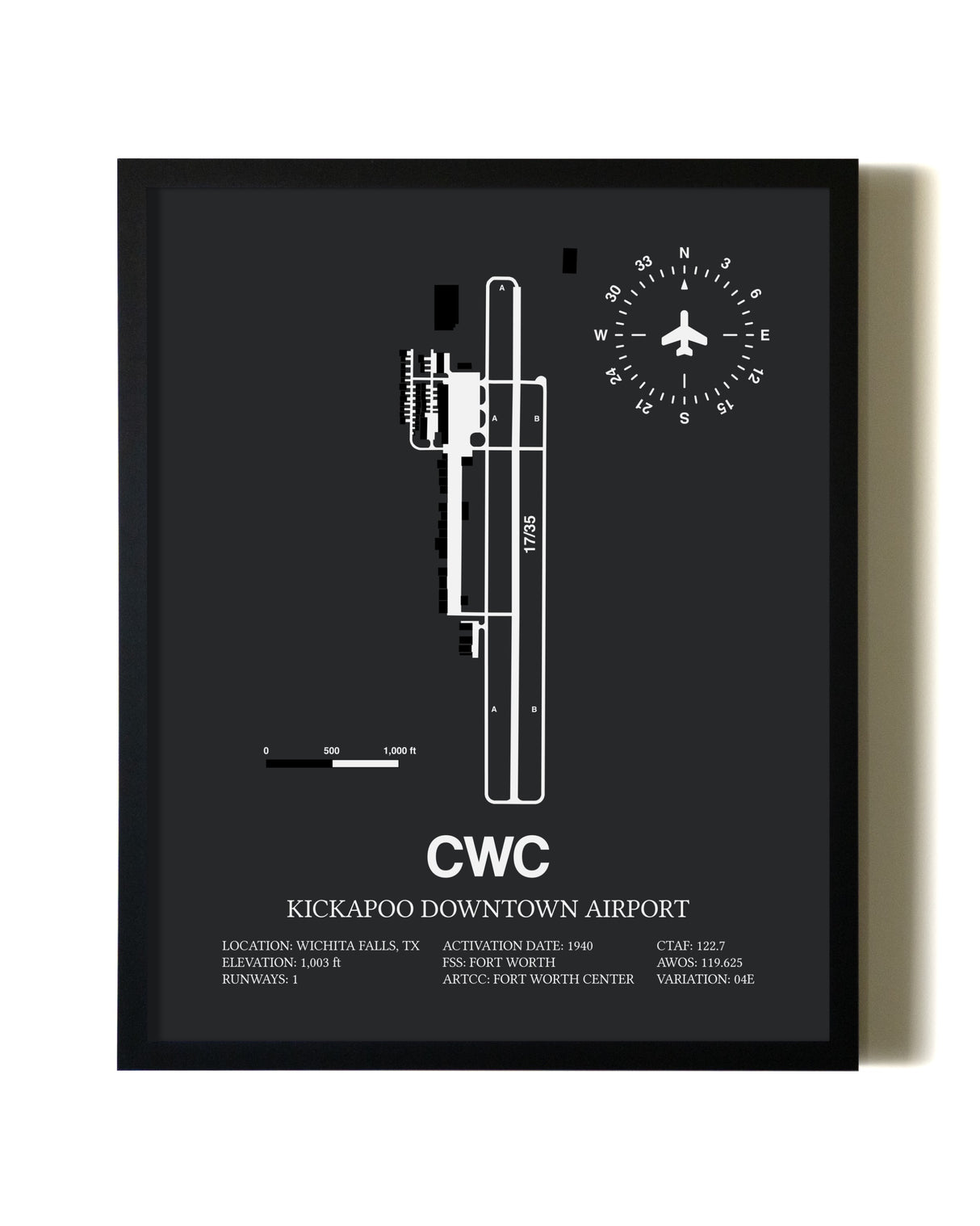 Unframed Kickapoo Downtown Airport map print poster