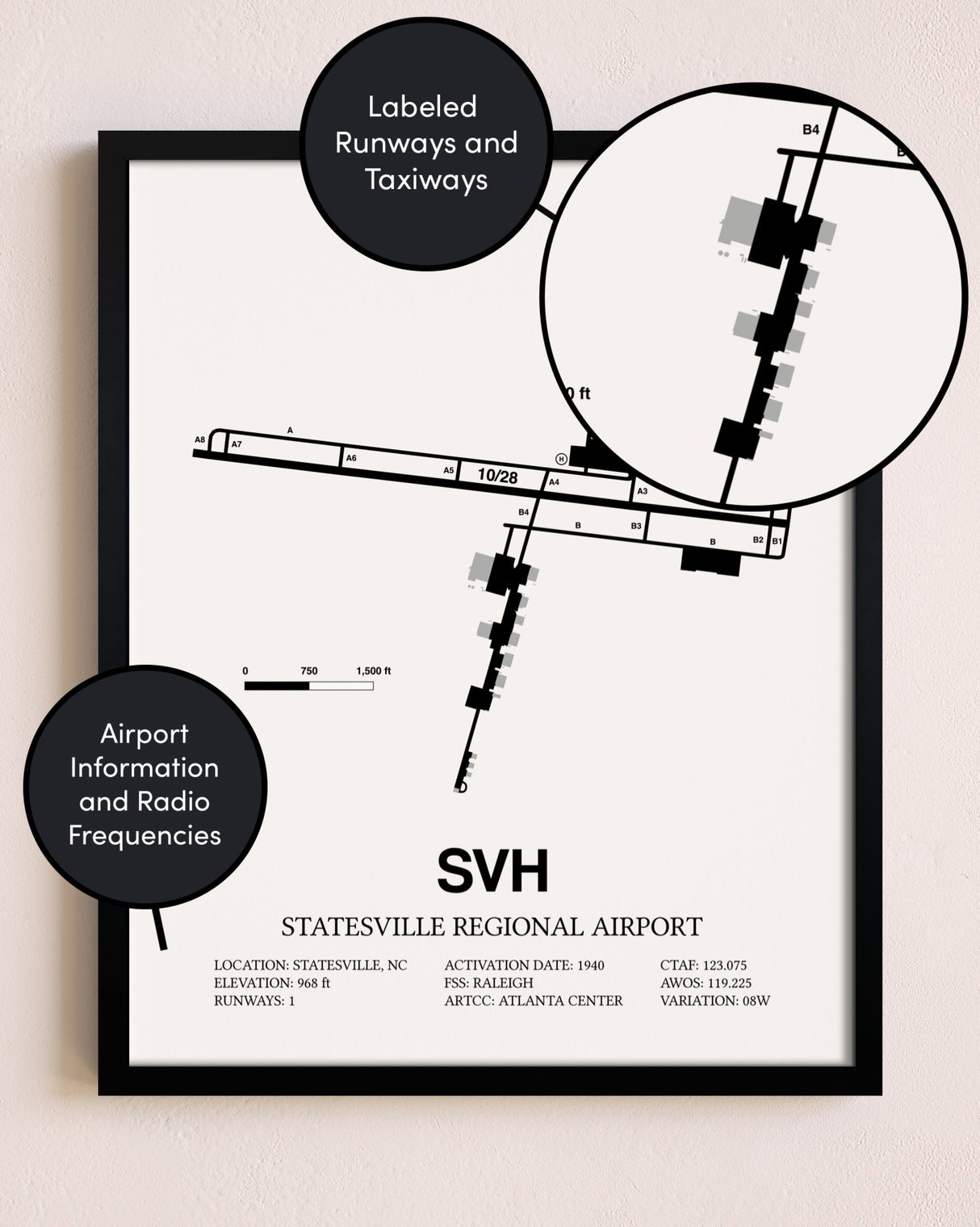 Framed Statesville Regional Airport layout wall art poster