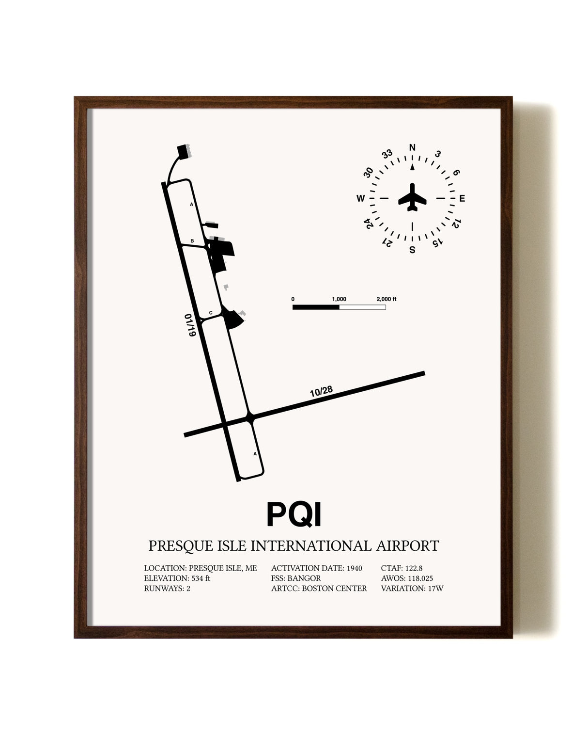 Presque Isle International Airport aviation print in walnut frame