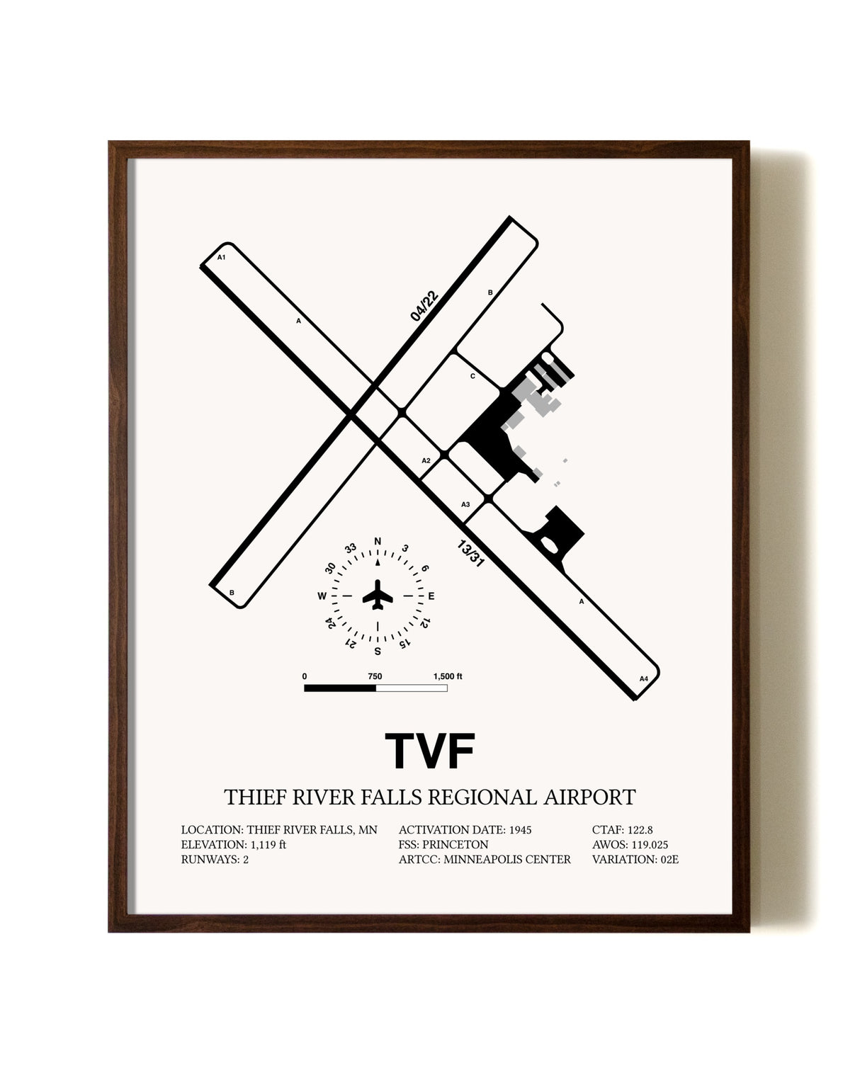 Thief River Falls Regional Airport aviation print in walnut frame