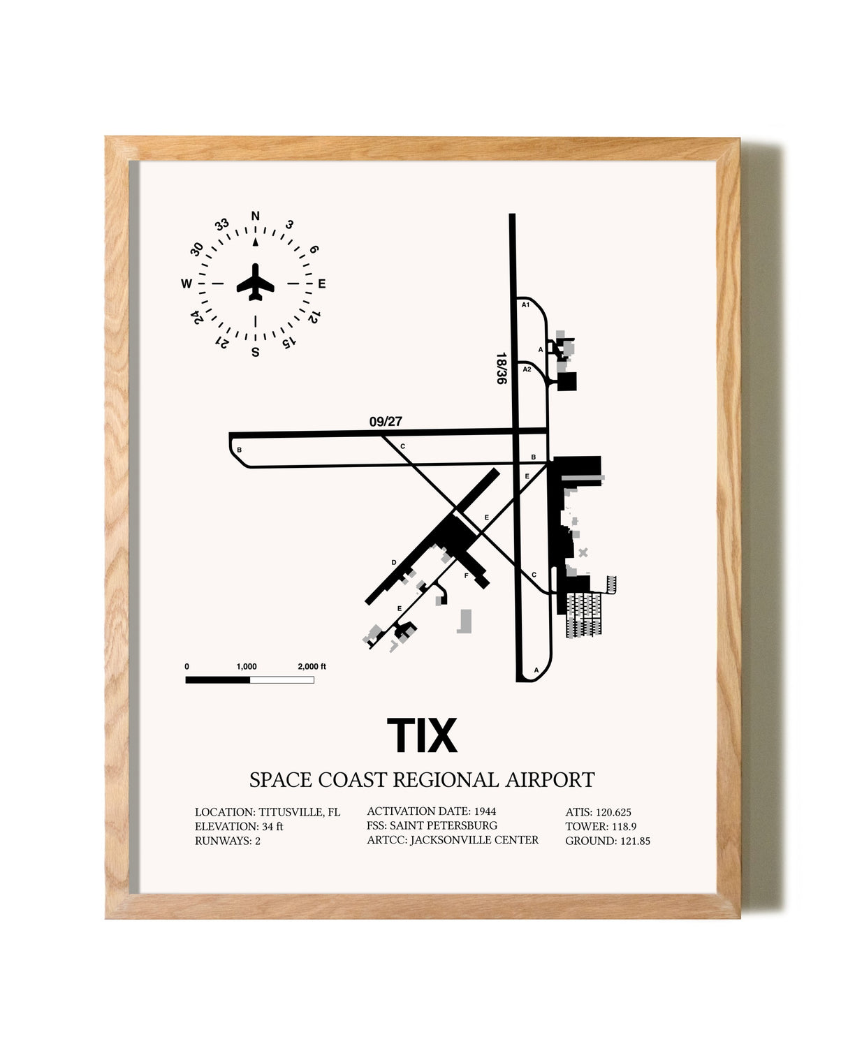 Space Coast Regional Airport framed print in natural wood frame