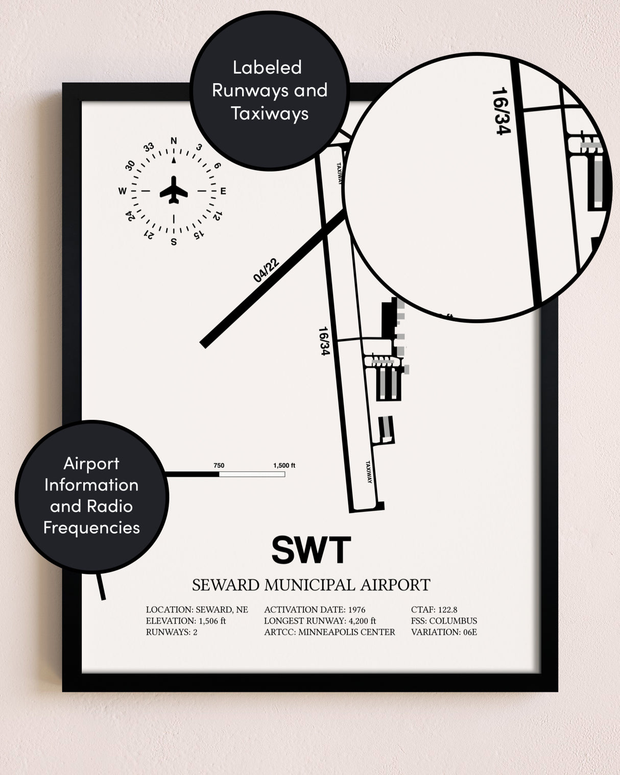 Framed Seward Municipal Airport layout wall art poster